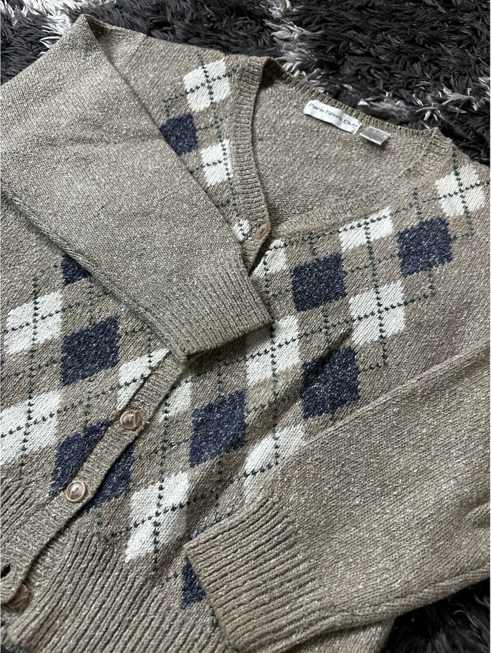 Vintage 90s Paris Sport Club Argyle Knit Cardigan Sweater Womens Small Tan Blue